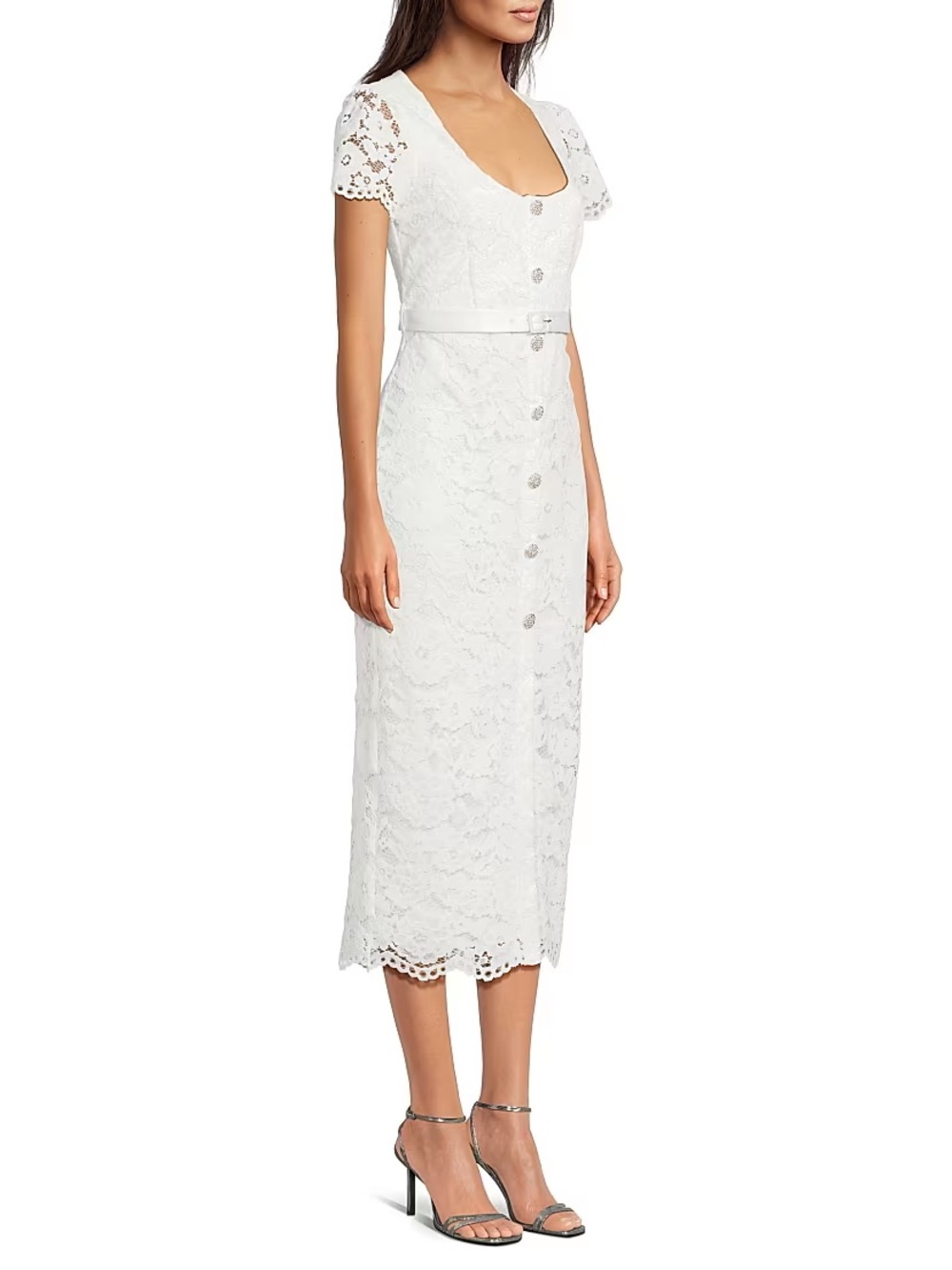 White Lace Button-Front Midi Dress with Short Sleeves